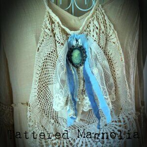 Antique Lace Jabot & Cameo in Blue Tattered Magnolia Victorian Boho Art To Wear